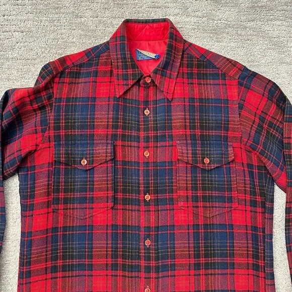 VTG Pendleton Field Shirt Mens 15.5 Red Blue Plaid 100% Wool USA Flannel READ - Picture 2 of 12